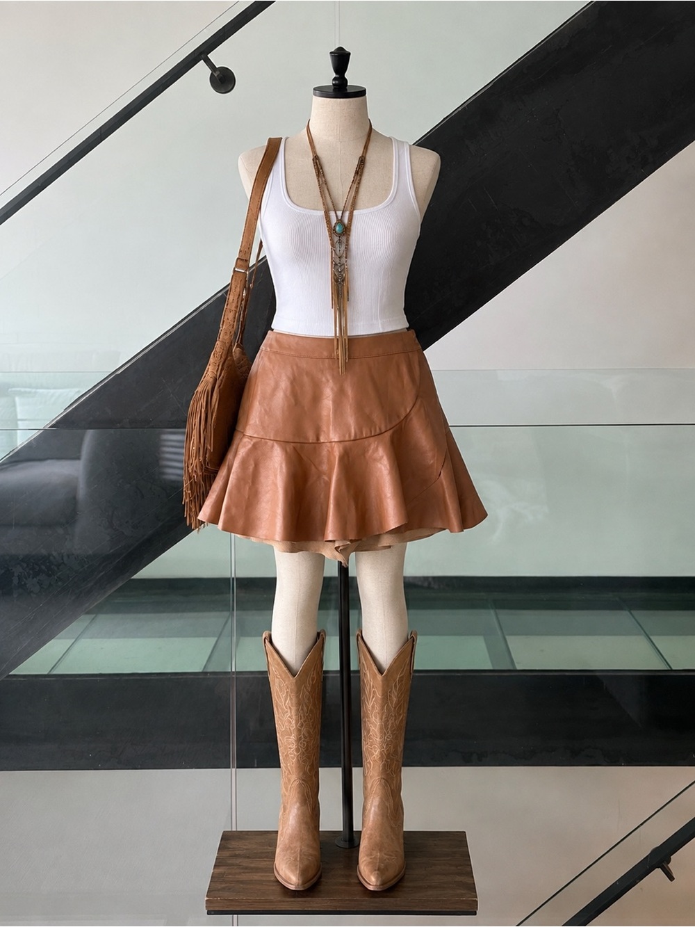 DO+BE Tan Faux Leather Flounce Mini Skort